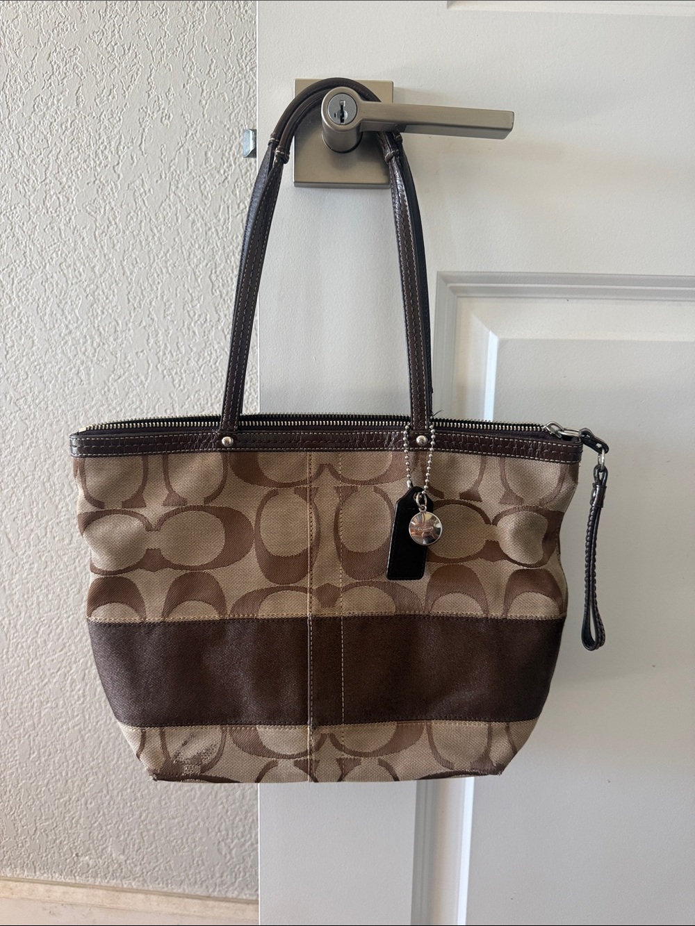 Coach Khaki and Brown Signature Shoulder Tote